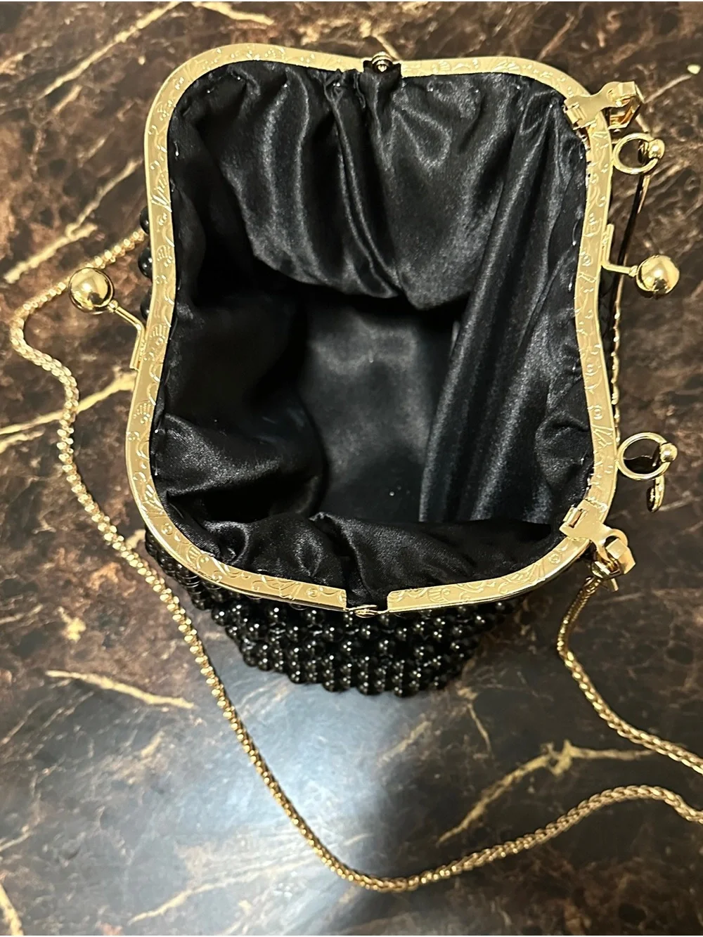 Gold-Trim Black Beaded Evening Clutch with Chain Strap